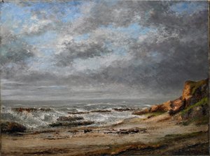 Vista de un mar agitado cerca de un acantilado de Gustave Courbet